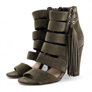 GUESS Women's Olive Green Suede Tassel Fringe Gladiator Heel Sandals Shoes 6M